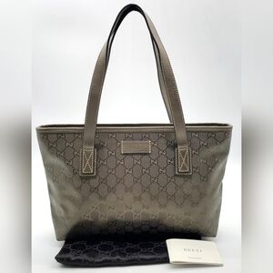 Authentic GG Imprimé PVC Leather Metallic Khaki Tote Bag Purse
